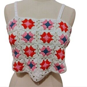 Alter'd State Tank Crop Top Crochet Cotton Yarn Granny Squares Pink Blue White M